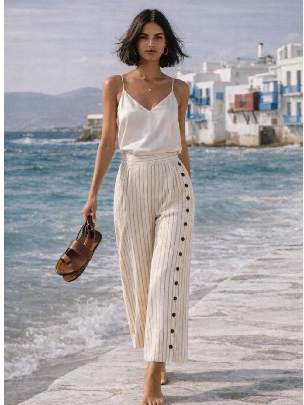 Anthropologie Cream Striped High-Waist Cropped Wide-Leg Pants